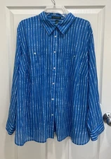 LAUREN RALPH LAUREN Womens Size 3X Blue White Striped Shirt 100% Cotton