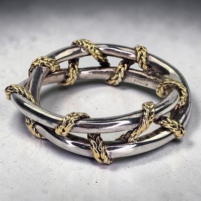 Artisan Crafted Hollow Sterling Silver Gold Vermeil Twisted Rope Bangle Bracelet