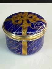Halcyon Days Enamel Trinket Box "WITH LOVE / GOLD BOW" ~ England ~ 1 3/4"