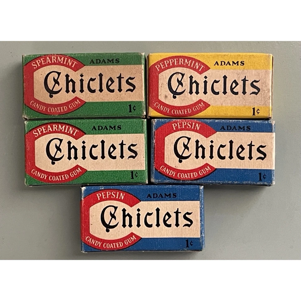 Лот из 5 1940-х Chiclets Pepsin Candy Coated Gum Adam's One Cent синий нераспечатанный - Изображение 2 из 4