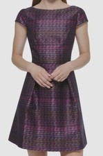 Vince Camuto Women's Purple Metallic Jacquard Fit & Flare Dress Size 12