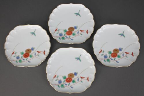 Antique Japanese Fukagawa Seiji Arita Porcelain Birds Flowers 6" Plate Set Of 4 