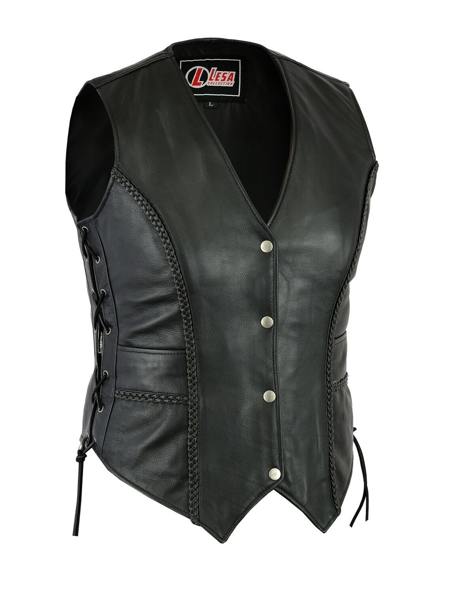 Lesa Collection Ladies Black Leather Vest Side Laces Motorcycle