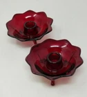 Vintage Pair of 2 Fenton Glass Ruby Red Amberina Footed Lotus Candle Holders