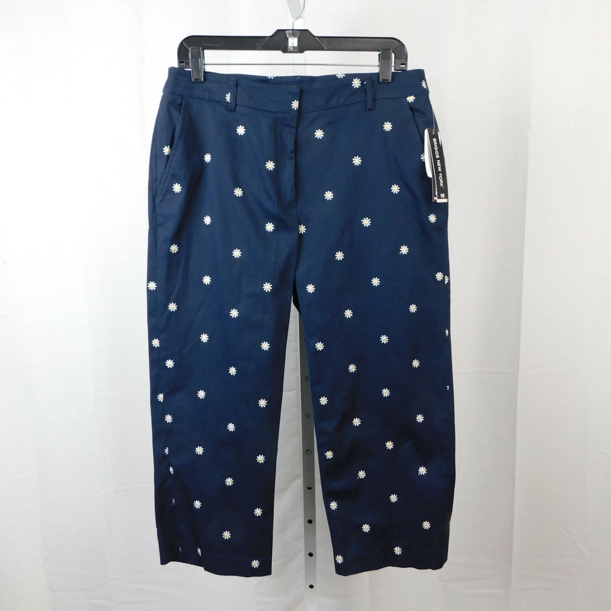 Briggs New York Stretch Waistband Daisy Embroidered Capri Pants 10 Navy 803