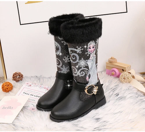 New Kids Girls Elsa Princess Winter Warm Long Snow Boots Fur Lined Sequins Shoes - Picture 2 of 36