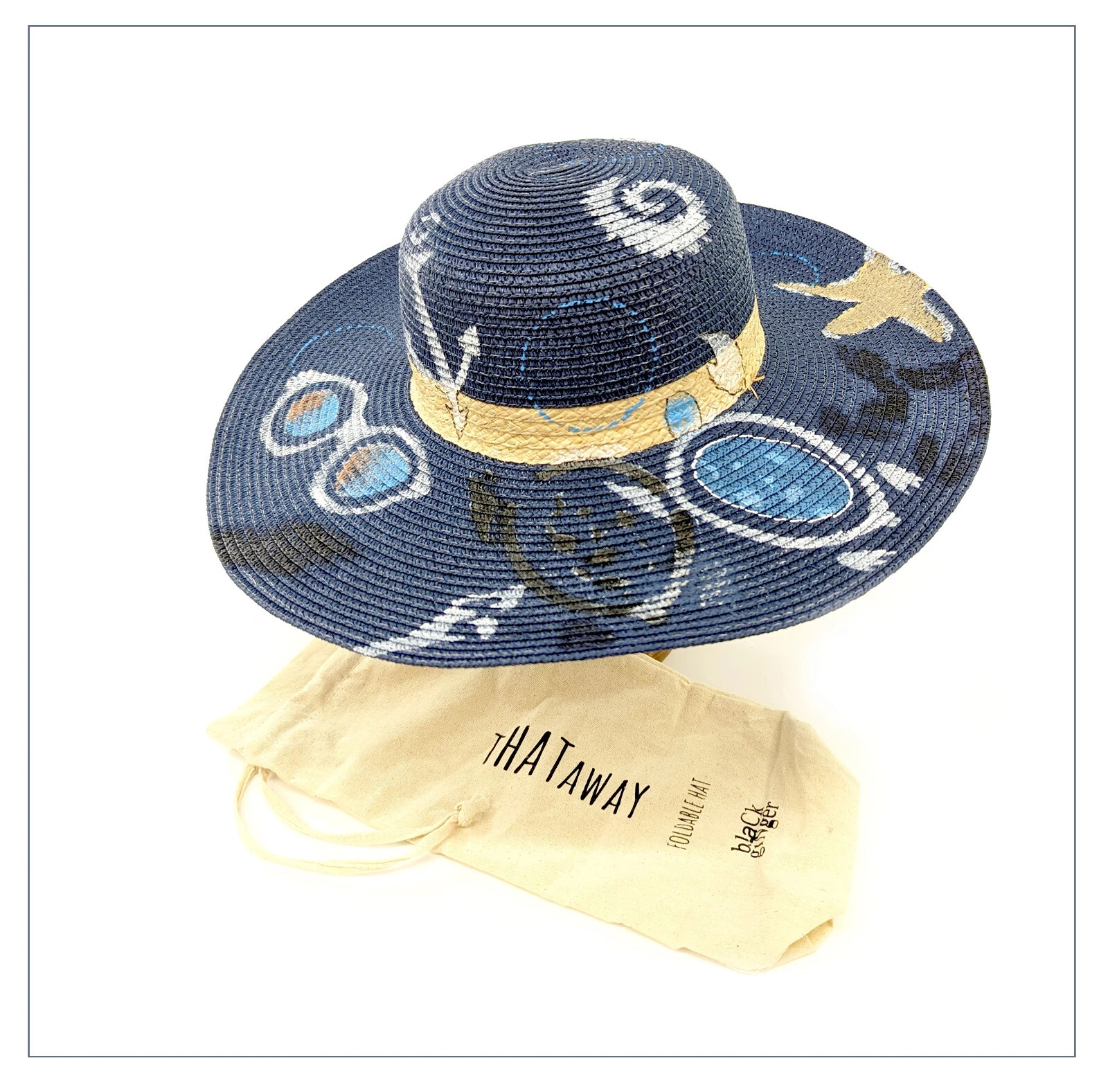 Summer Hat Foldable Black Ginger Wide Brim Seaside Blue Roll Up Travel Bag Hols