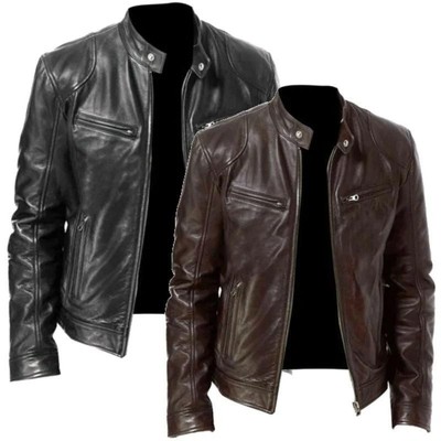 Cafe Racer Biker Leather Jacket Black & Brown Soft Sheep Skin Leather New