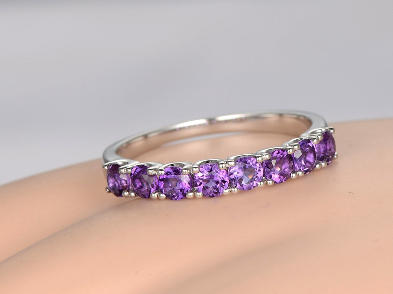 Natural Purple Amethyst Wedding Band Ring Half Eternity 925 Sterling Silver