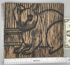 Vtg primitive Rabbit Bunny Folk ART Print block stamp HUGE 1944 Carved Wood