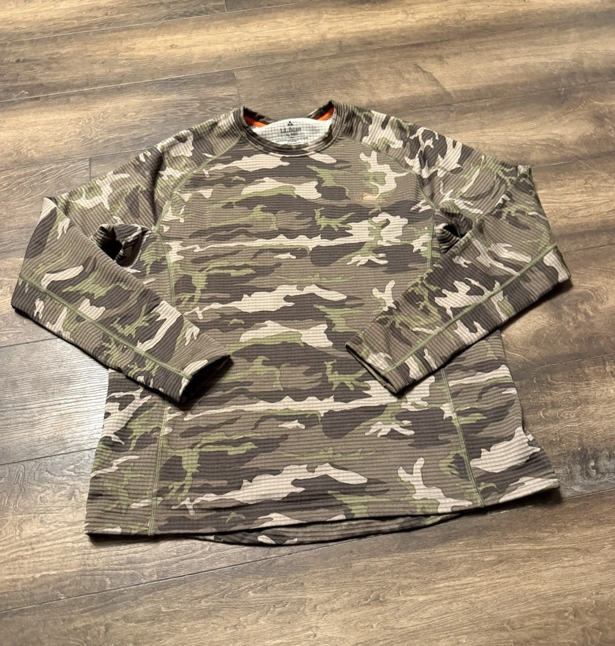 LL Bean Base Layer Grid Fleece Shirt Mens XL Camo Outdoors Hiking Crew Neck