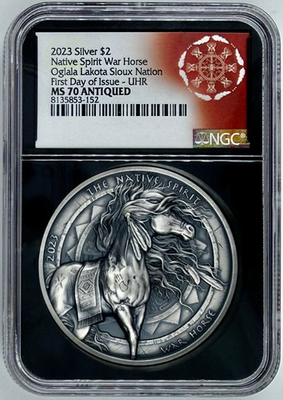 #ad #ad 2023 Native Spirit War Horse 2 Oz Silver Oglala Lakota Sioux Nation UHR NGC MS70 $439.99