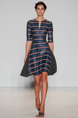 Lela Rose Grey Multicolor Striped Print Fit & Flare  Sleeve Dress Vogue Runway 0