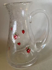 Vintage Bubbly Art Glass Strawberry Pitcher Summer Applied Handle Holds 34oz.