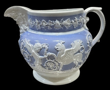 ANTIQUE RIDGWAY POTTERY LAVENDER & WHITE MOLDED GRYPHON SPRINGWARE JUG RARE