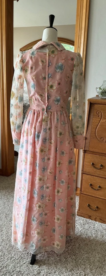 70s Prom Dress Vintage Long Sleeve Pink Lace Bridesmaid Formal Gown CUSTOM Made - Image 4 of 4