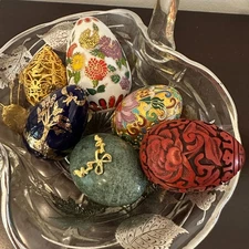 Set Of 6 Assorted Decorative Art Eggs: Marble, Wood, Metallic, Ceramic, Enamel