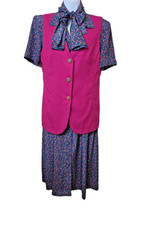 Vtg 1980s Secretary Career Dress Day Church 3 peice Vest Sash Size 8 Leslie Fay