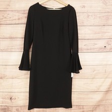 Calvin Klein Dress Womens 10 Black Sheath Bell Sleeve Zip Back Knee Length