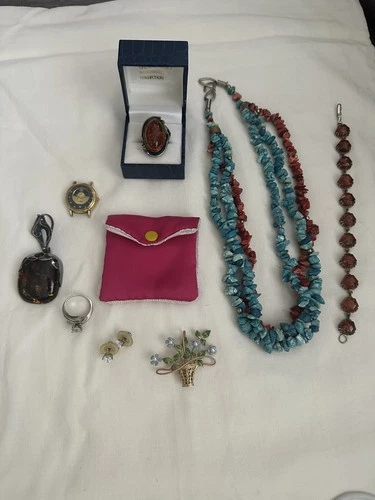 Vintage Sterling Silver Jewelry Lot Amber Ring Bracelet Watch