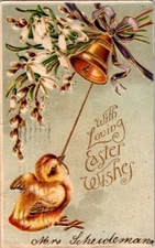 Vintage Antique Postcard Easter Baby Chick Ringing Bells Loving Wishes Art P01
