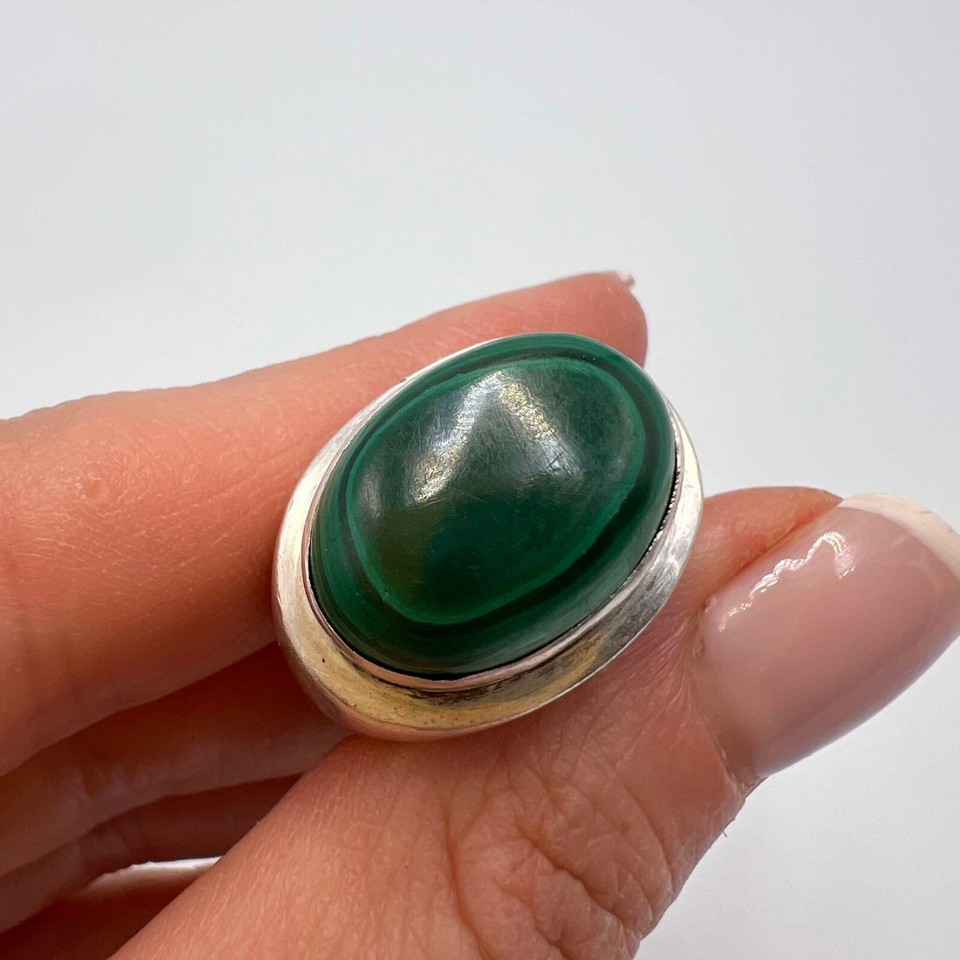 Soviet Sterling Silver 925 Women's Jewelry Ring Natural Malachite Stone