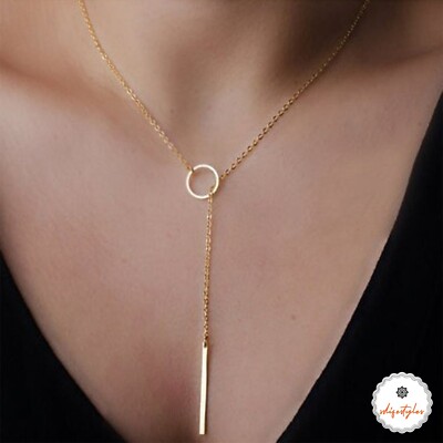 Gold Lange Halskette Damen Anhänger 925 Sterling Kreis Stab Schlicht Alltag