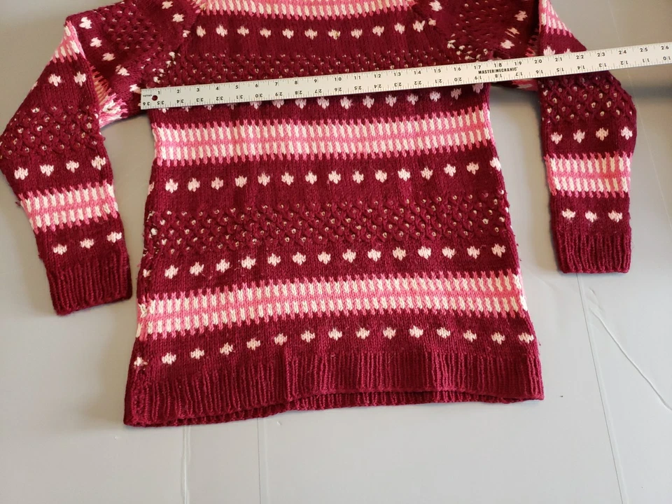 Suéter de lana rojo arándano hecho a mano vintage tejido a mano talla S/M años 80 Foto 3 de 4