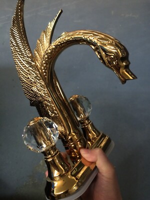 Gold PVD 4'' Center Hole crystal handles Swan Sink Faucet mixer Brass luxury tap