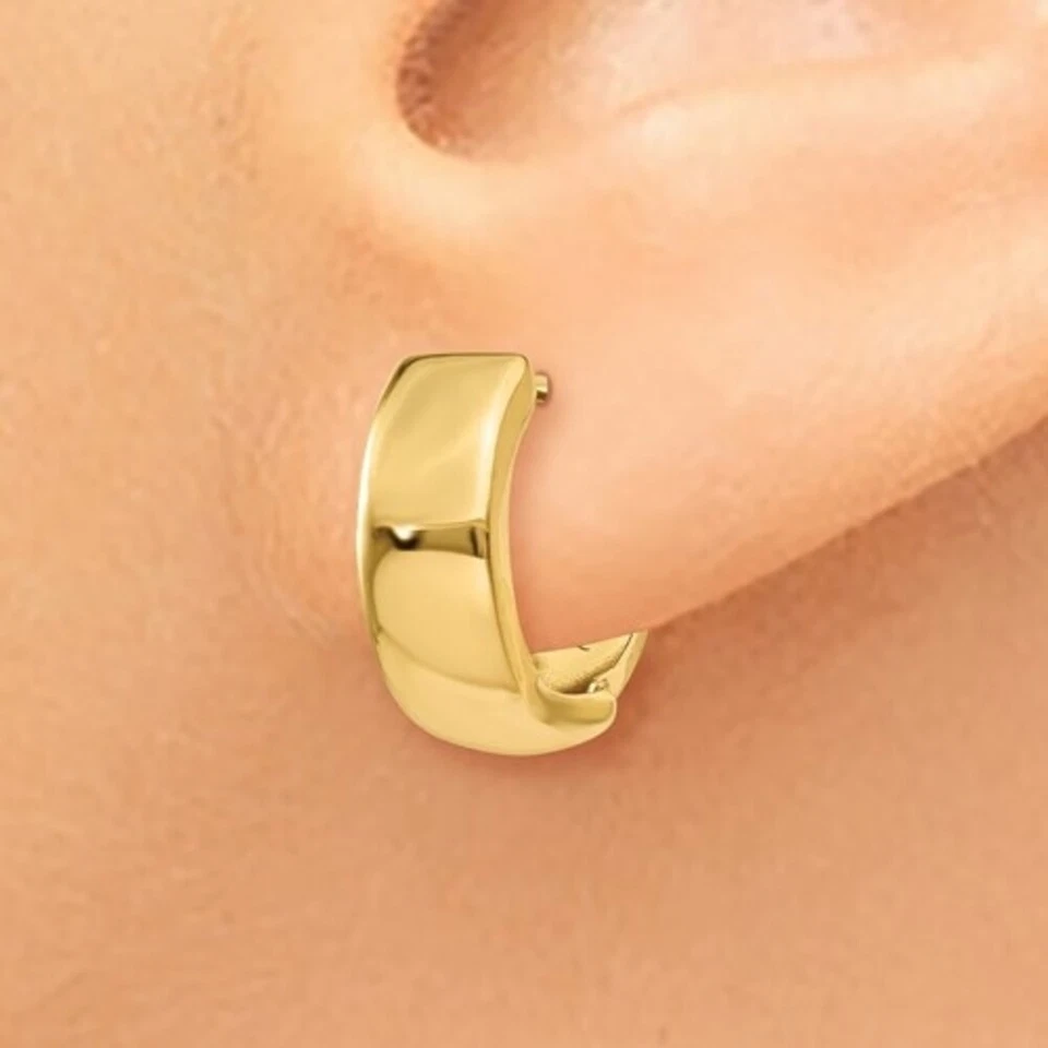 14K YELLOW GOLD SMALL ROUND HINGED HOOP EARRINGS HUGGIE HOOPS 4mm 0.5 INCH - Image 2 of 4