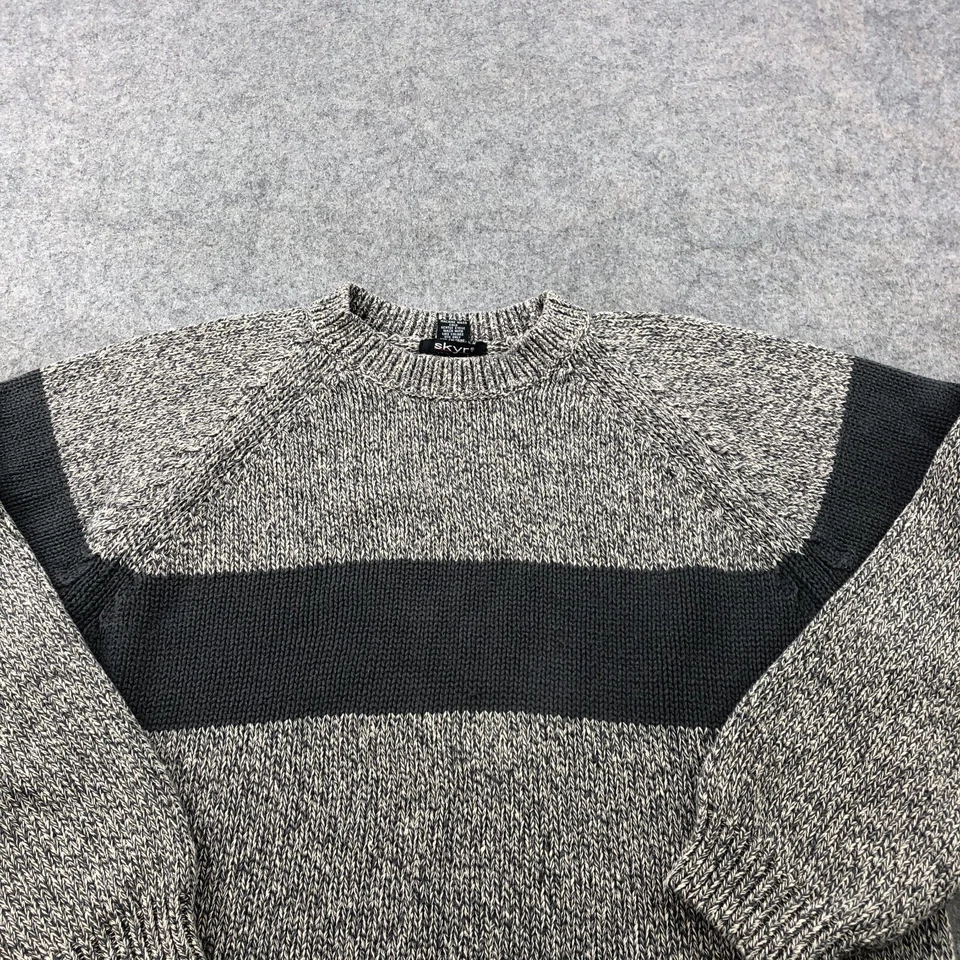 Suéter Skyr Vintage Mujer Grande Gris Negro Rayas Tejido Algodón Cuello Redondo Foto 4 de 4