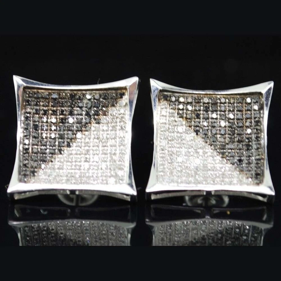Aretes cuadrados pavé enchapados en oro blanco de 14K diamante negro corte redondo de 1 Ctw Foto 3 de 4
