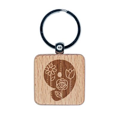 Sweet and Cute Flowers Rounded Block Number 9 Nine Engraved Wood Square Keychain