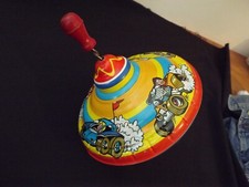 Vintage 1960's Ohio Art Metal SPINNING TOP with Wood Handle Litho TIN TOY