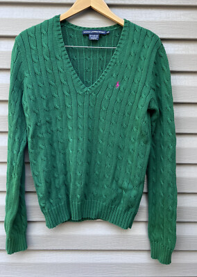 Ralph Lauren Sport Green V-neck Cable Knit Sweater Large Ralph Lauren Sport Green V-neck Cable Knit Sweater Large