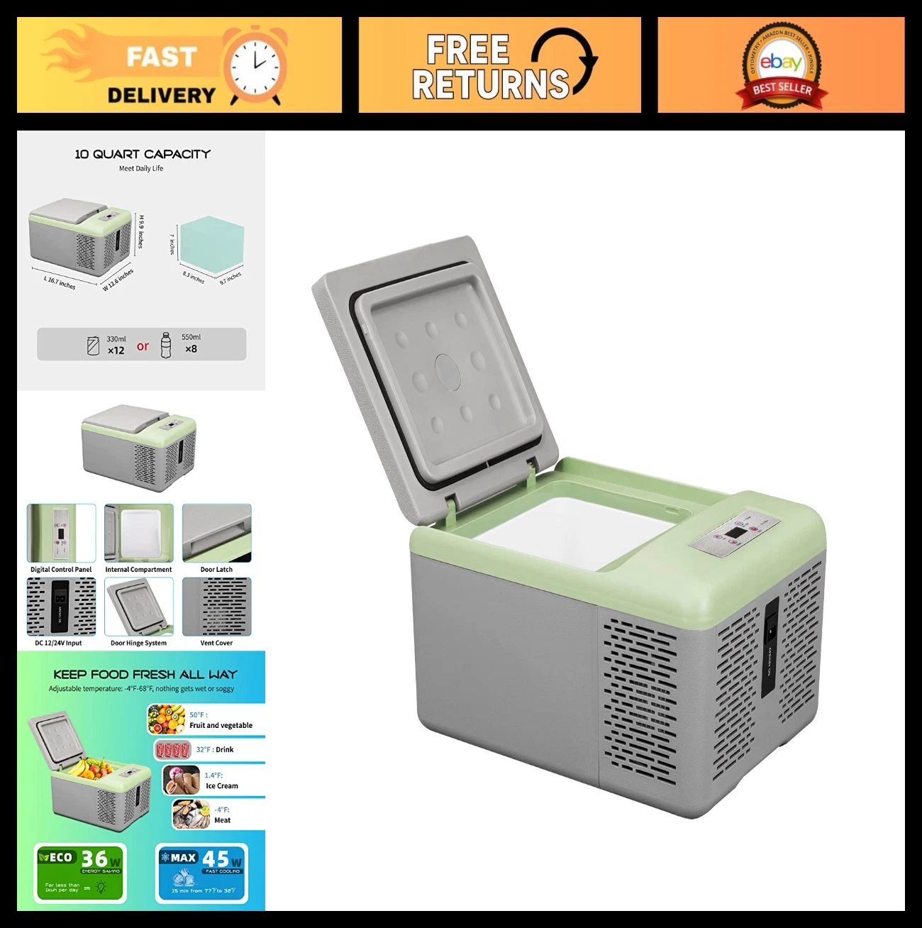 10 Quart Mini Portable Freezer - 12V Car Refrigerator, Fast Cooling for Camping,