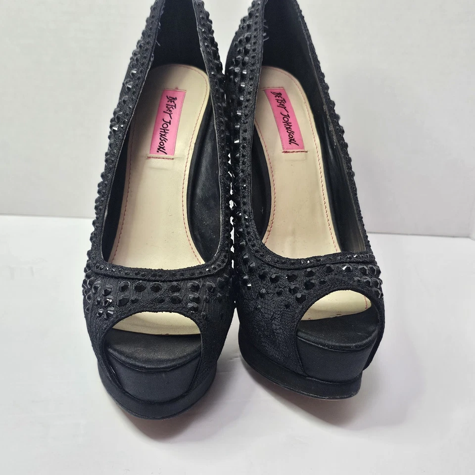 Betsey Johnson Platform Peep Toe Pumps 9 M Black Studded High Heels Shoes - Image 4 of 4