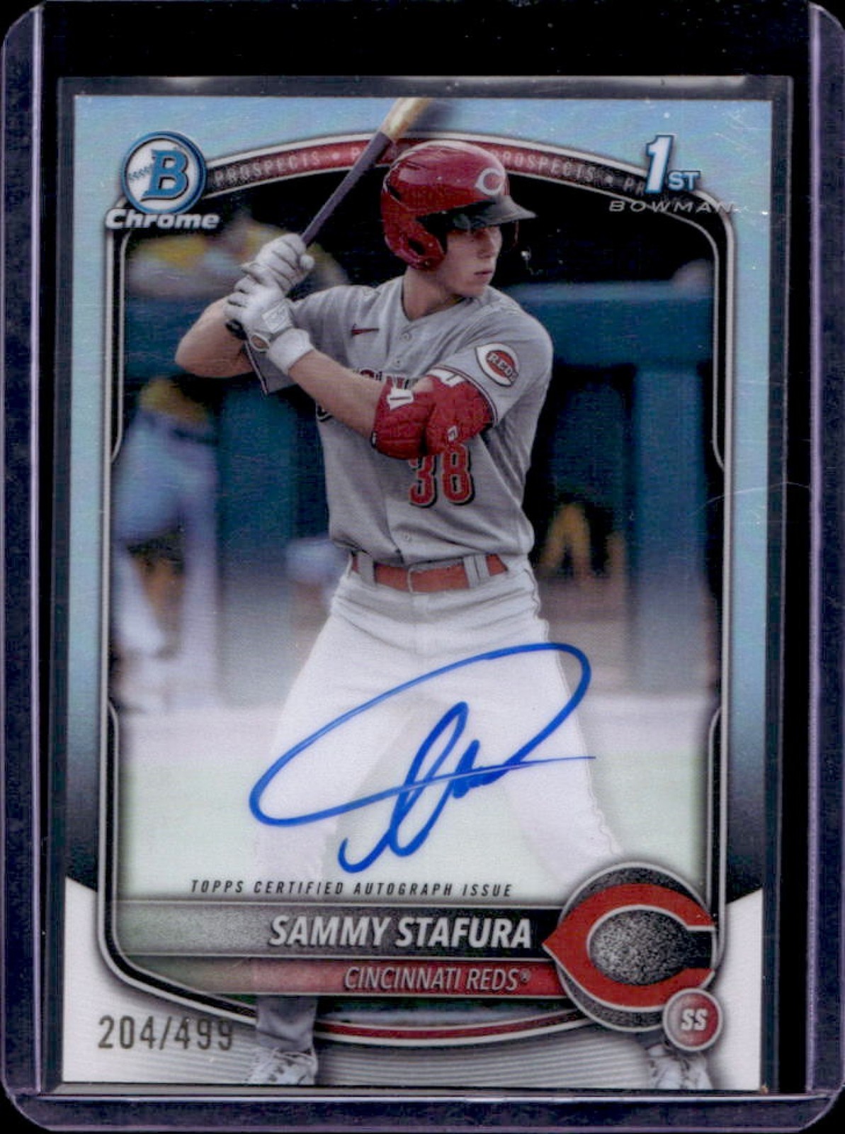 2025 Bowman Sammy Stafura Chrome Auto Refractor 1st Prospect #/499 Reds