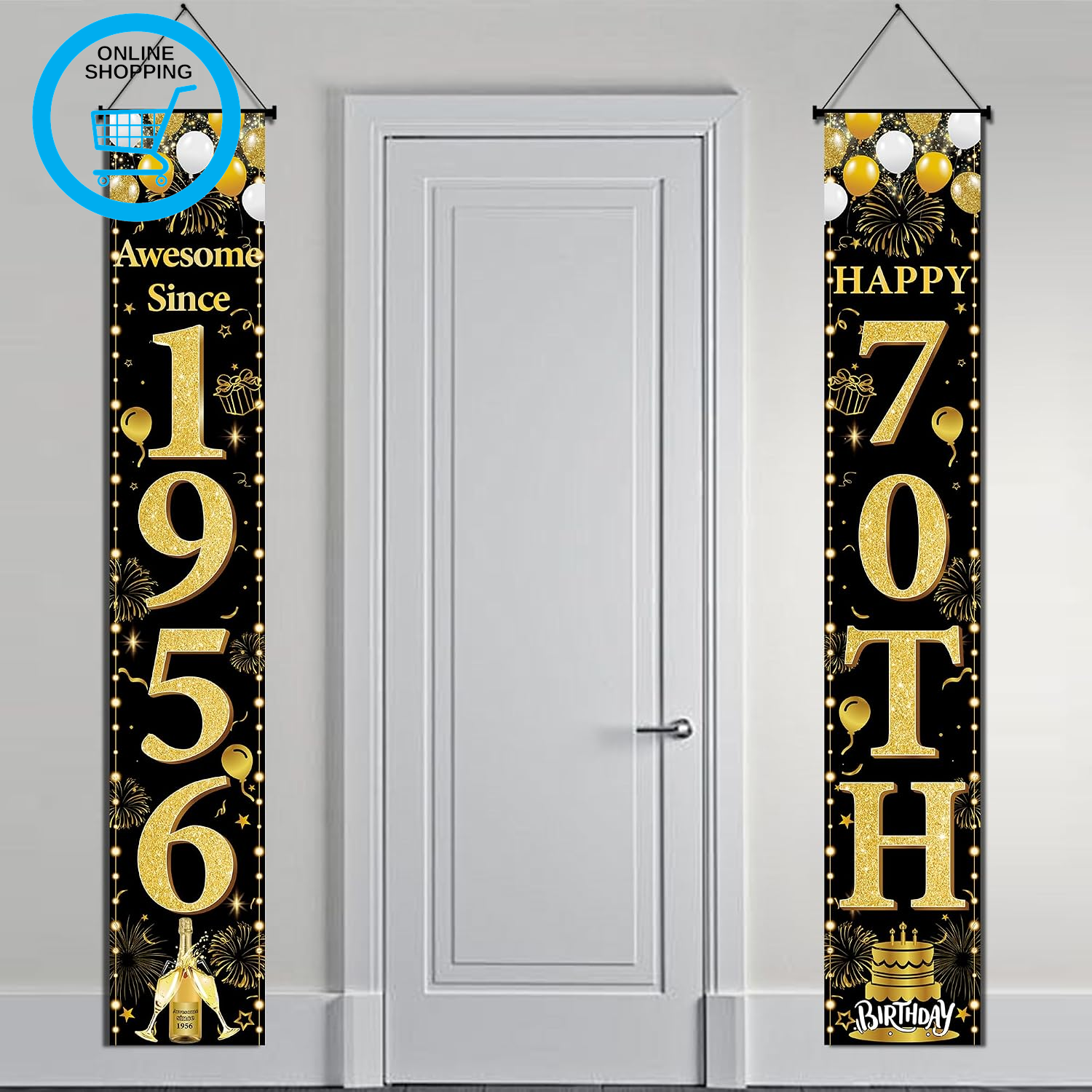 70Th Birthday Decorations Door Banner - Black Gold Awesome since 1956 Happy 70Th