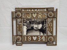 Amazing Antique 1934 Tramp Art Wood Frame With General Store Photograph Folk Art