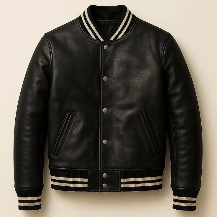 Men's Leather Varsity Jacket - Black Leather Bomber Jacket for Men