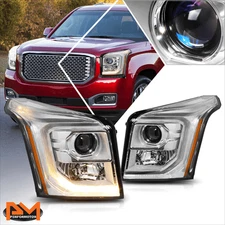 For 15-20 GMC Yukon XL C-Shape LED DRL Projector Headlight Amber Corner Chrome