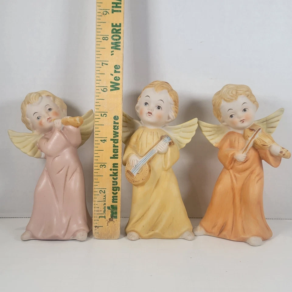 Vintage Homco Angel Music Figurines Set of 3 Flute Banjo Violin #5400 - Image 2 of 4