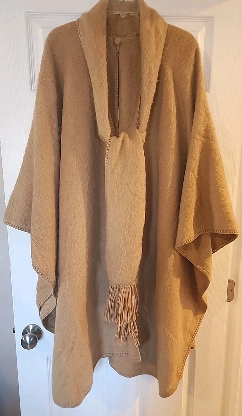 Alpaca Camargo Poncho Cape with Attached Scarf - Made in Peru Camel Color