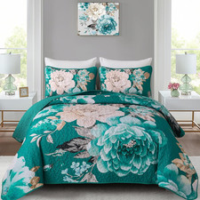 Teal Boho Floral Quilt Set King, 3 Pieces Elegant Flower Bedspread Coverlet Set