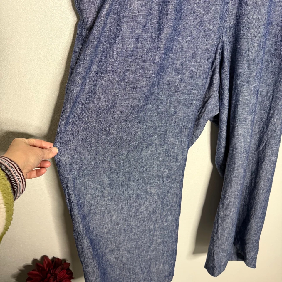 Pantalones antiguos azul marino de tiro alto pierna ancha mezcla de lino - Para mujer 4XL Preppy informales verano Foto 4 de 4