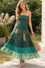 Maxi Dress Womens 100% Silk Patchwork Boho Smocked Tiered Boho Festival