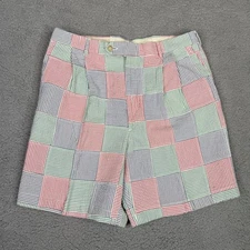 Berle Patchwork Shorts Mens 36 Red Green Blue Striped Seersucker Madras Cotton