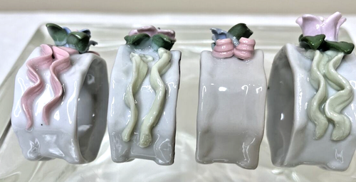 Porcelain Napkin Rings Set of 4 White with Raised Pink Roses & Green Leaves - Picture 4 of 6