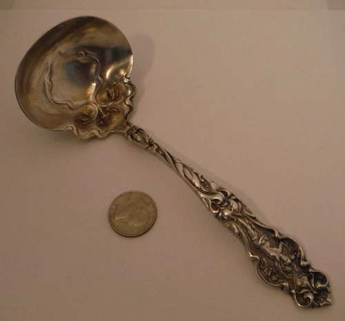 IRIAN by WALLACE Sterling Silver GRAVY Ladle Figural Woman ART NOUVEAU Antique ~